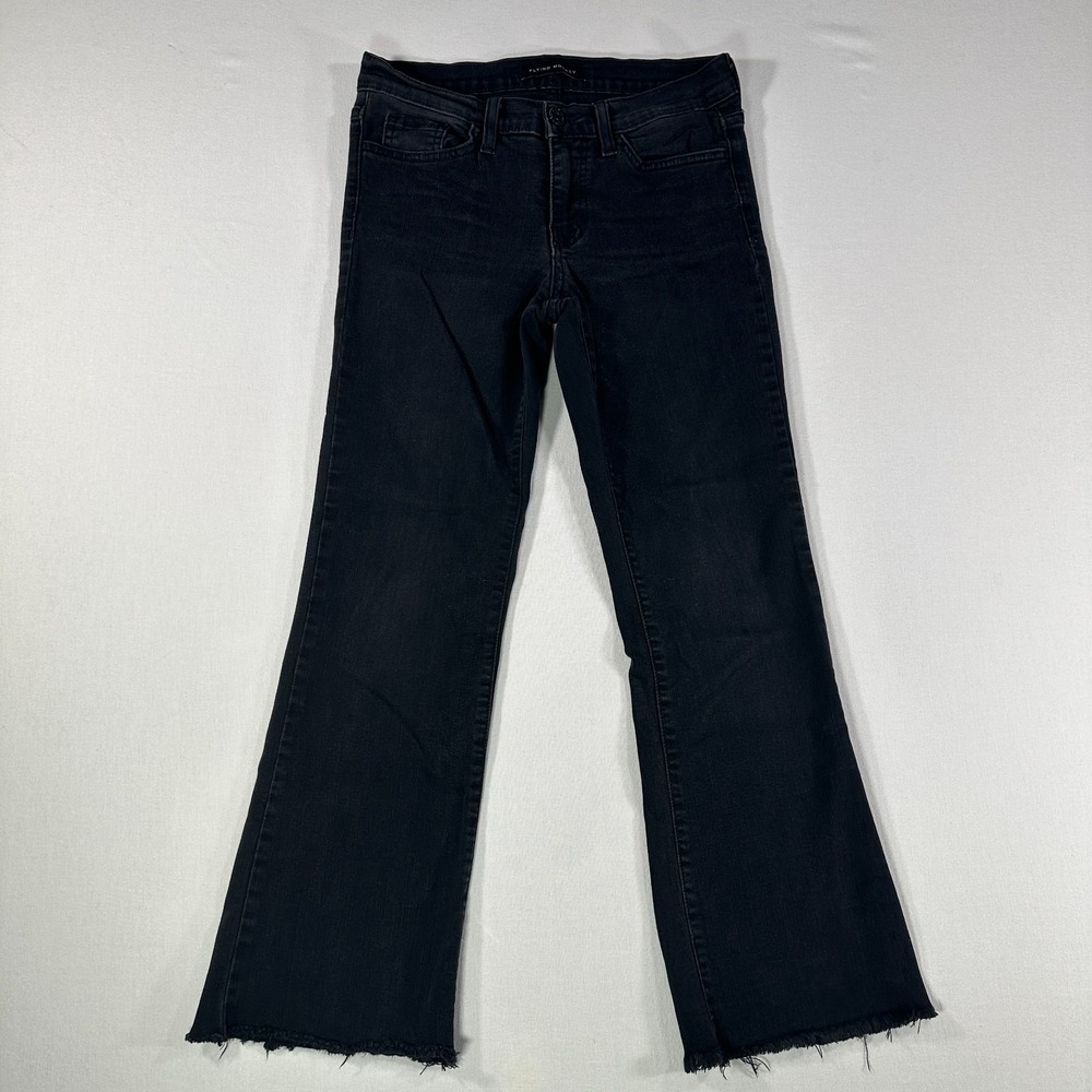 Flying Monkey Women's Black Distressed Flare Jeans Size 26 Raw Hem Mid Rise